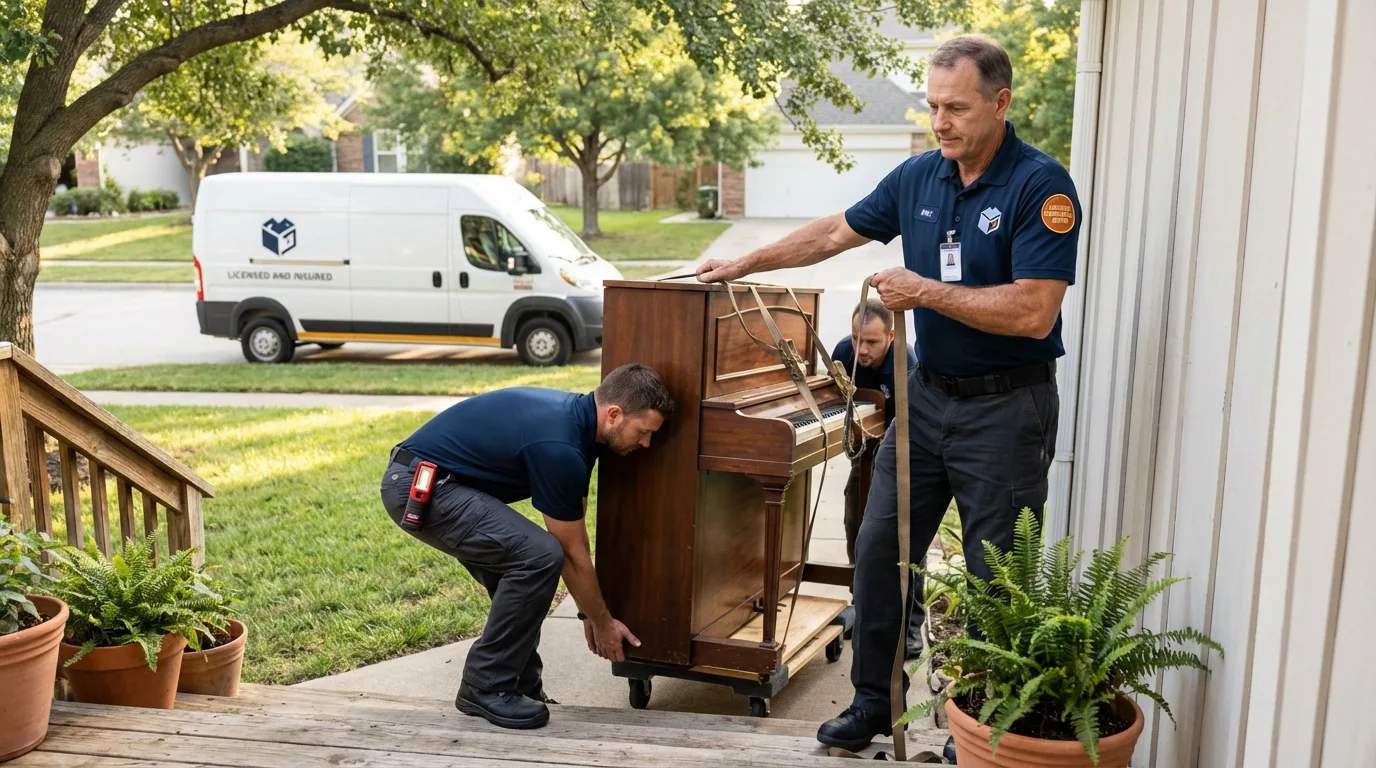 Licensed piano movers securing grand piano in Clyde, OH