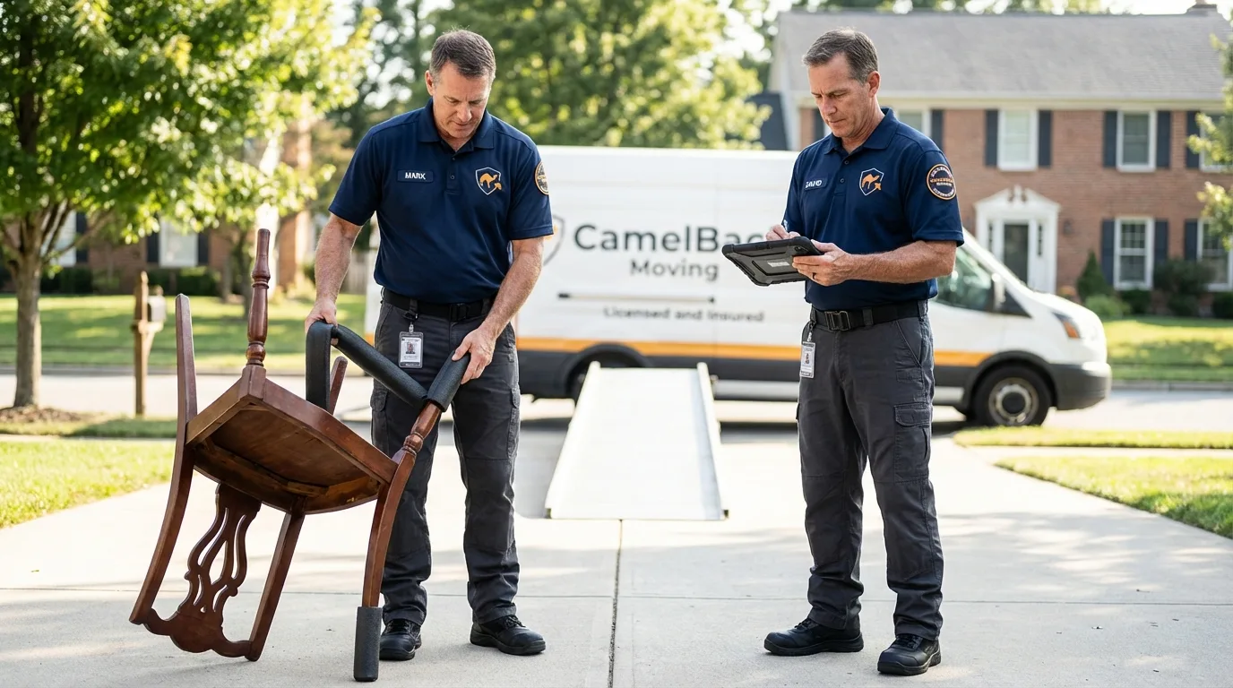 Movers inspecting furniture for damage prevention before loading in Clyde, OH