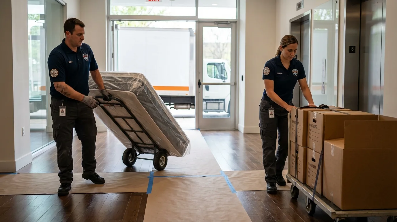 Professional apartment movers loading elevator in Clyde, OH